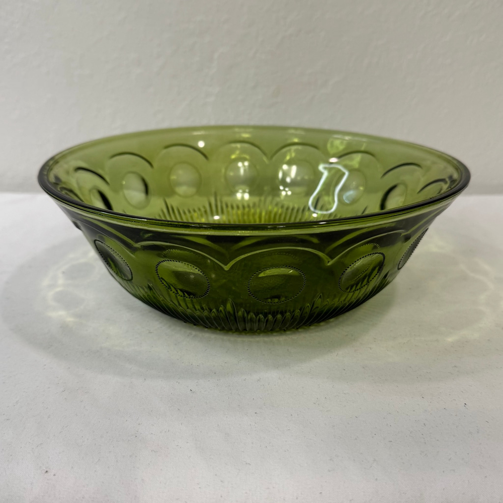 VTG Green Glass Bartlett Collins Manhattan Bullseye Serving Bowl Candy Dish 8.5”